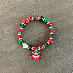 Christmas Bells Enamel Pendant Red & Green Faceted Bead Stretch Theme Bracelet